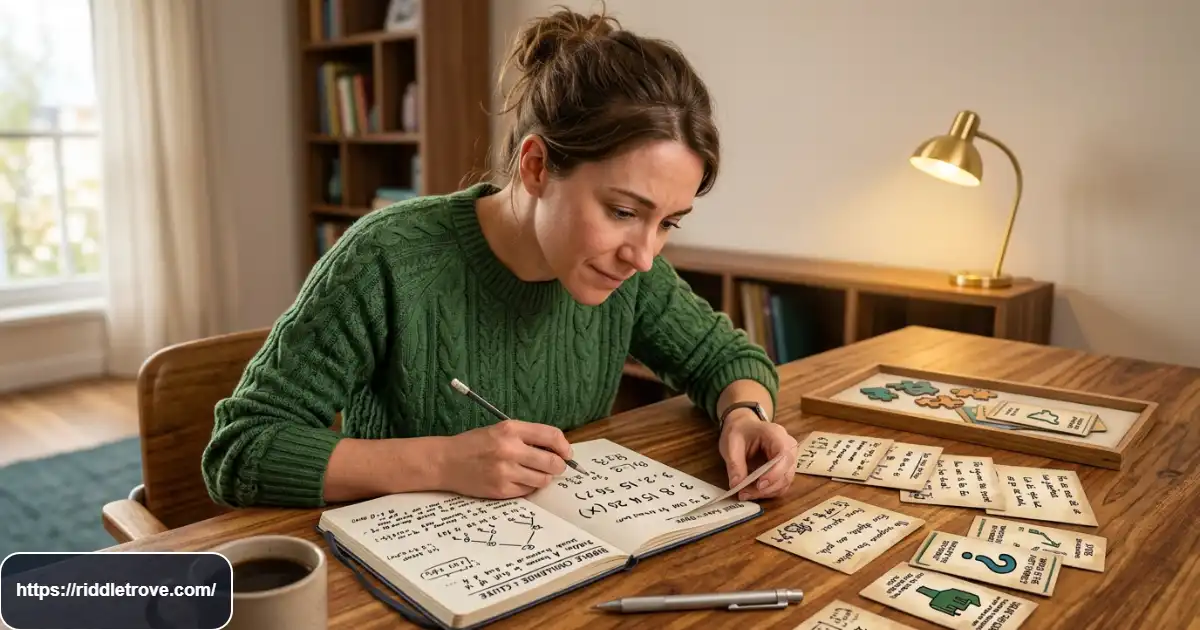 Adult thinking through difficult riddles with puzzle cards and handwritten clues