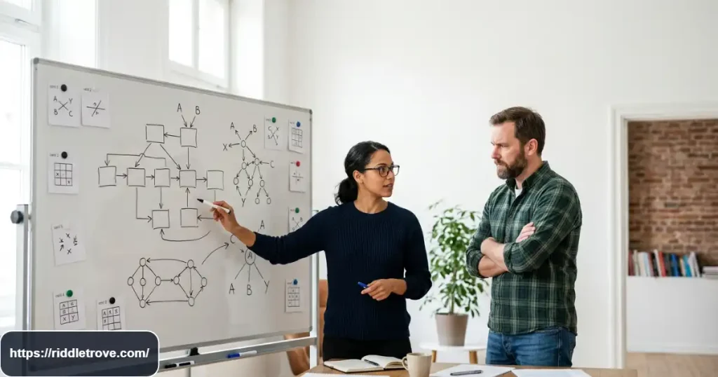 Adults analyzing clues while solving challenging logic riddles