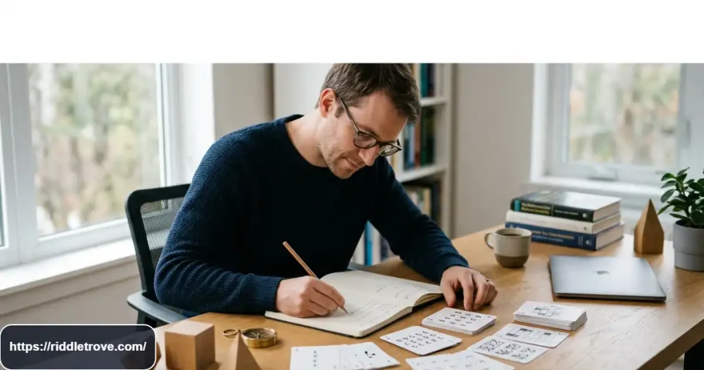 Adult solving difficult math riddles with numbers and patterns