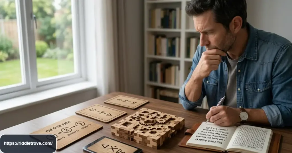 Adult facing a final difficult riddle challenge with puzzle clues