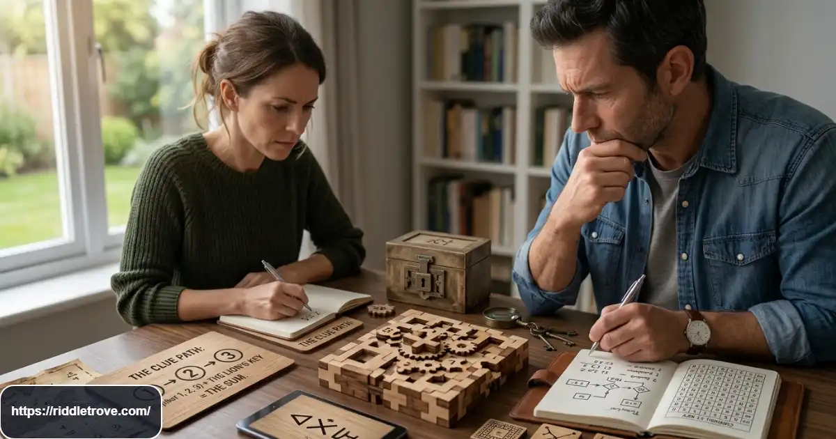 Adults solving extremely hard riddles with answers at a challenging puzzle table