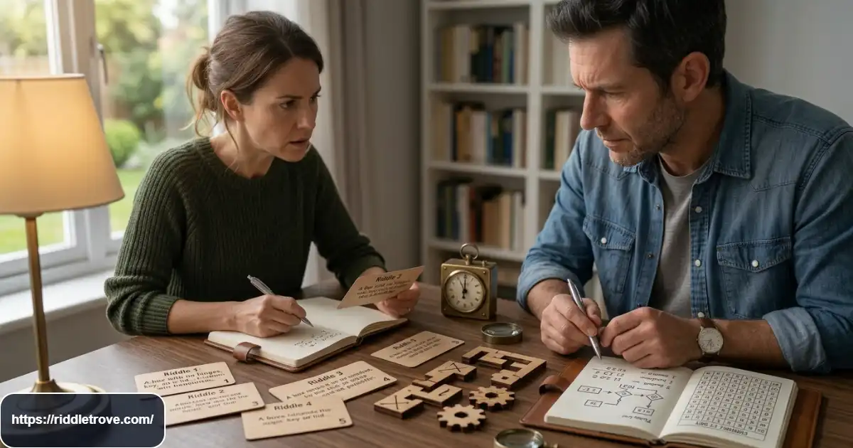 Adults testing their reasoning with extremely hard riddles and answer cards