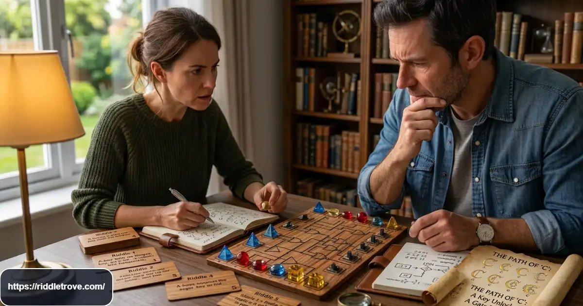 Adult solving difficult logic riddles with numbered cards and deduction clues