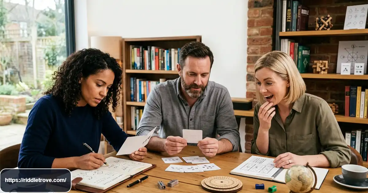 Adults solving difficult riddles around a table with focused expressions