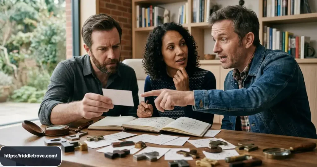 Adults discussing a tricky lateral-thinking riddle with surprising clues