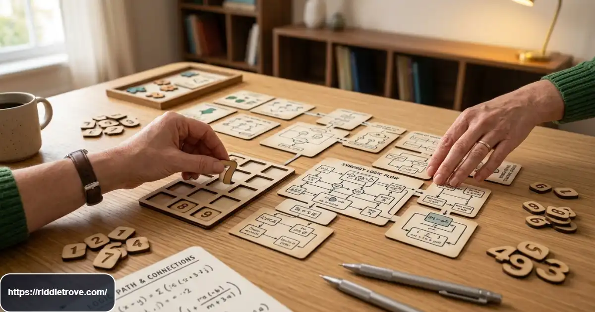 Logic riddle cards arranged for a difficult reasoning challenge