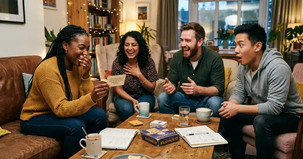 Friends laughing and solving clever riddles together during an adult game night