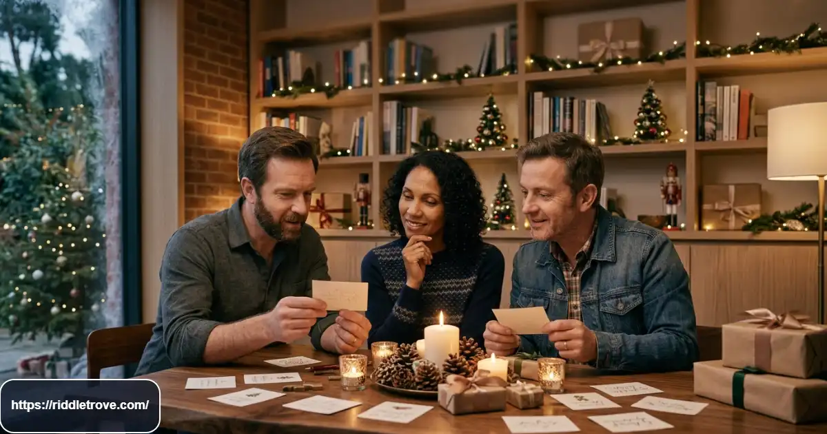 Adults solving Christmas riddles together at a festive holiday gathering