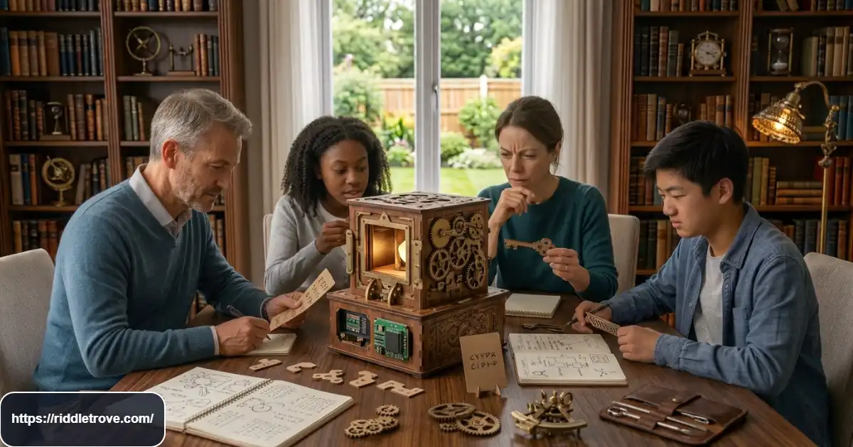 Adults and teens laughing while solving challenging funny riddles together