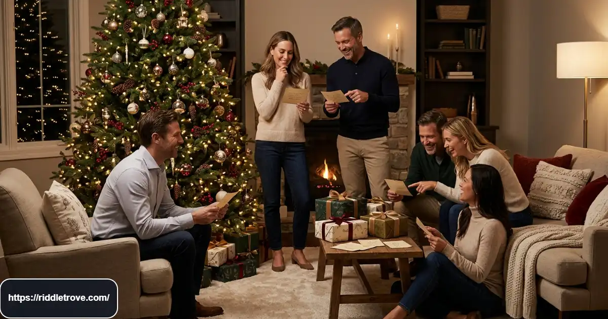 Adults enjoying an easy Christmas riddle game beside a decorated holiday tree