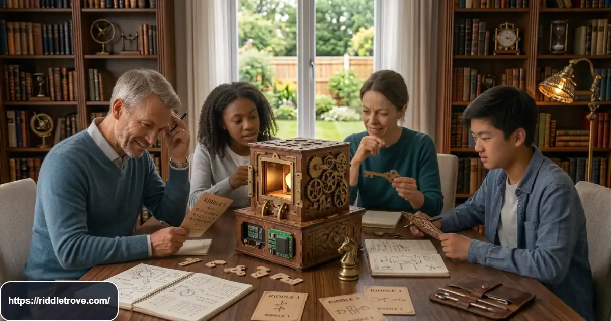 People solving complicated riddles and challenging brain puzzles together