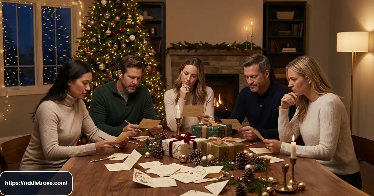 Adults solving tricky Christmas riddles together at a festive holiday gathering