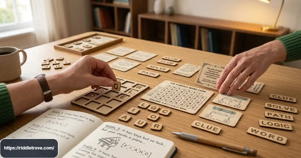 Show a close editorial scene of two adults studying a collection of challenging riddle cards on a wooden table. Include notebooks and subtle puzzle props, with one person thinking while another smiles after spotting a clue. Realistic photography, warm natural lighting, sophisticated composition, and no visible text or logos.