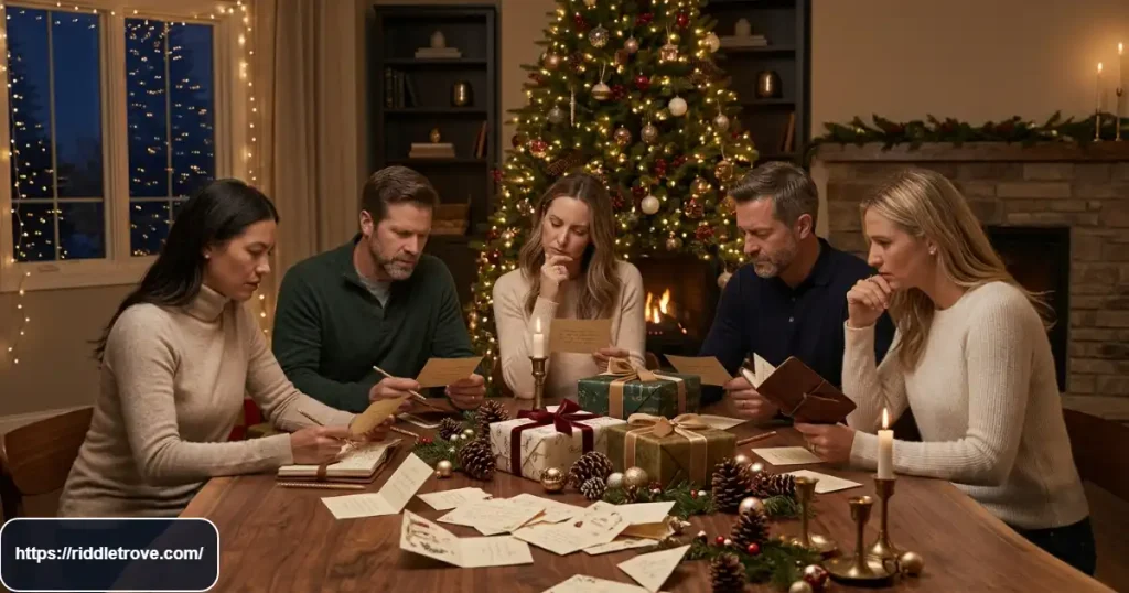 Adults solving hard Christmas riddles together at a festive holiday gathering