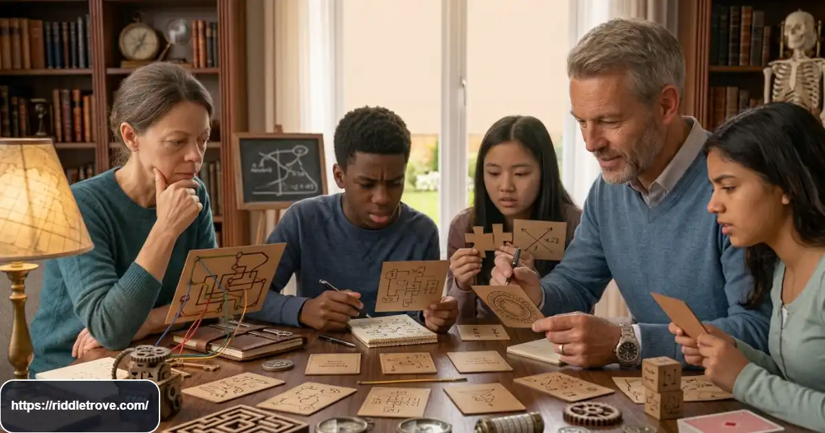 Create a premium 16:9 editorial image for “Complicated Riddles for Adults.” Show a small group of adults solving challenging puzzles together in a modern cozy setting, studying clue cards, notebooks, and mysterious objects with focused and curious expressions. Add subtle visual misdirection and layered puzzle elements. Realistic anatomy, natural expressions, cinematic soft lighting, clean composition, and clear top-middle space for a heading. No text, logo, watermark, or CTA.