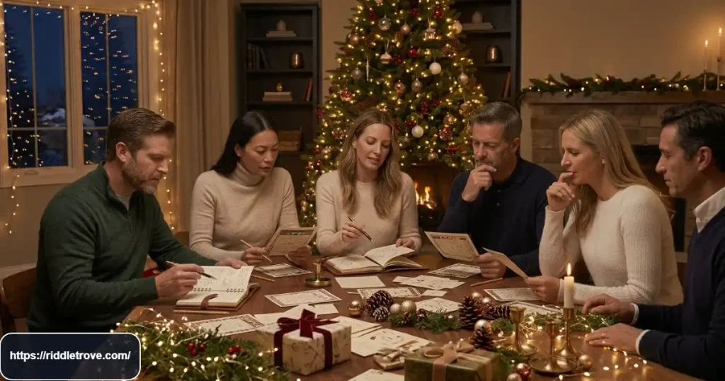 Adults solving hard Christmas wordplay riddles at a festive holiday gathering