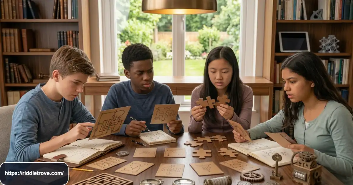 Teens solving complicated riddles with clever clues and challenging puzzles