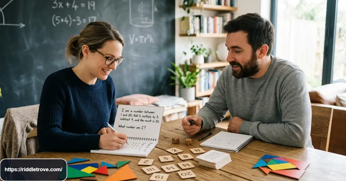 Adults solving challenging math riddles with numbers, equations, and puzzles
