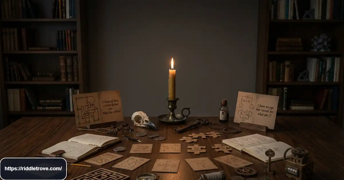 Dark riddles with answers shown as mysterious puzzles in candlelight