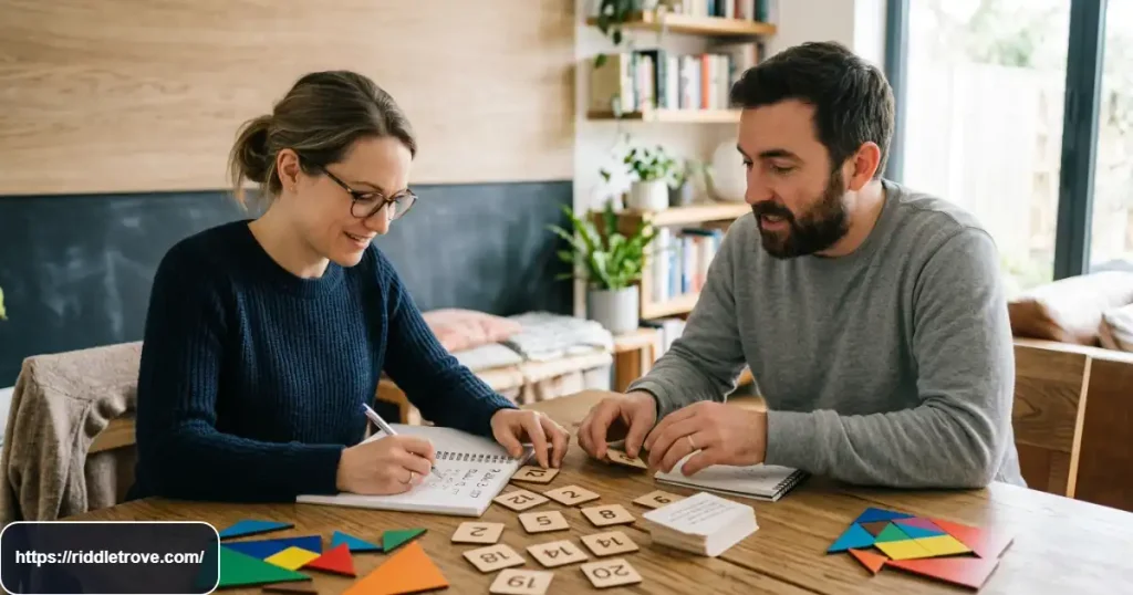 Adults solving easy math riddles with numbers and simple calculations