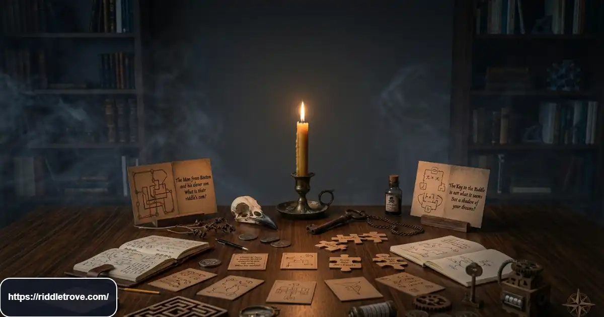 Mysterious dark riddle cards beside a candle in a shadowy room