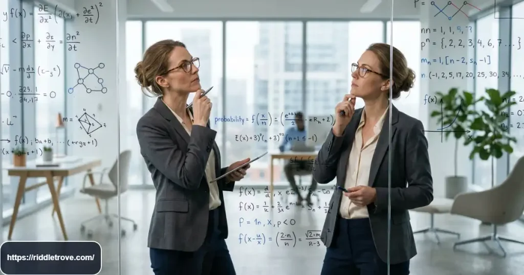 Adult solving a difficult math riddle with complex number patterns