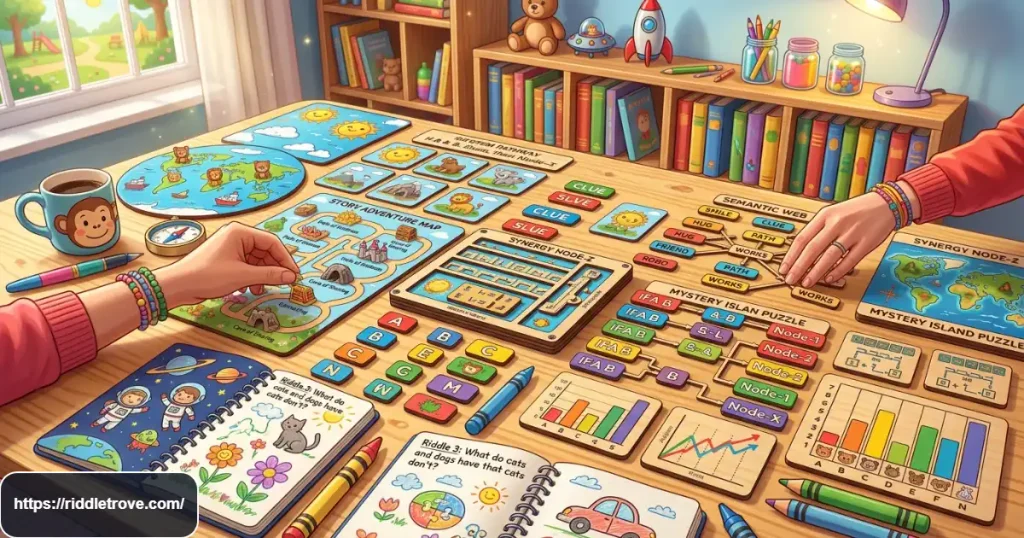 Wordplay riddles and letter puzzles challenging an adult reader