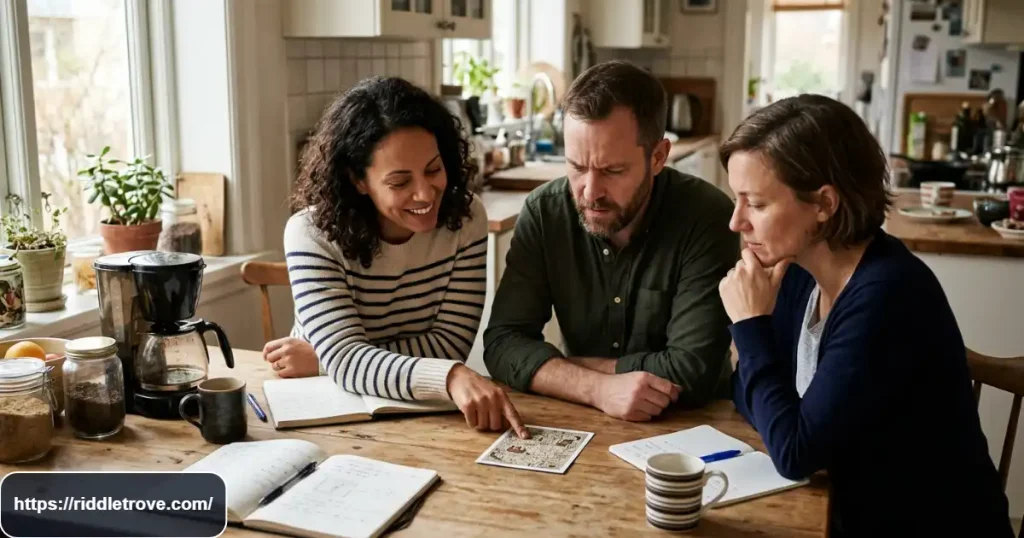 Adults thinking carefully while solving tricky riddles during a friendly puzzle challenge