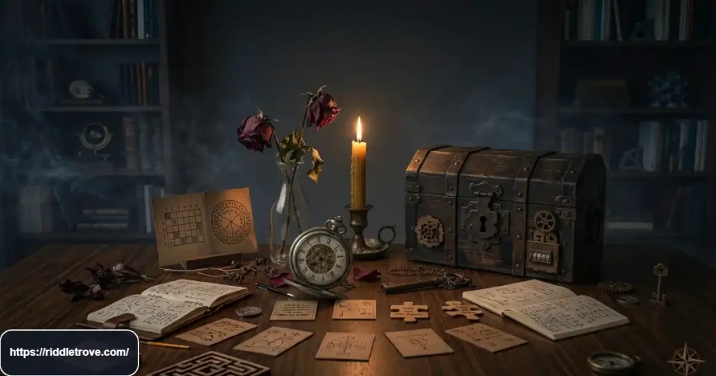 Dark mortality riddles represented by an old key and candlelit puzzle cards