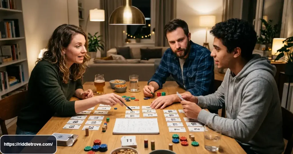 Adult solving a mathematical logic puzzle using numbers and visual clues
