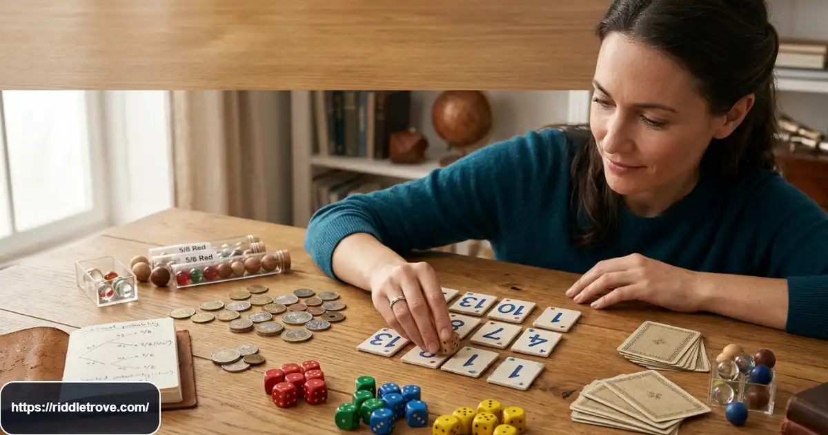 Adult solving probability riddles using dice, coins, and colored balls