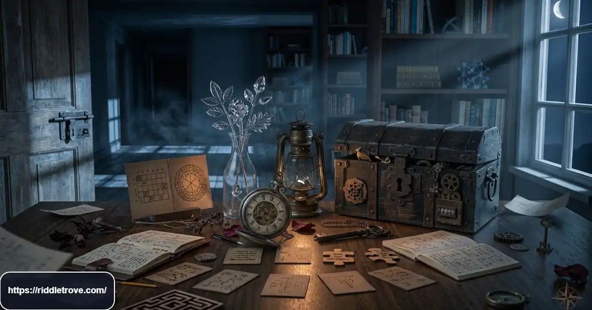 Darkness riddles represented by shadows and puzzle cards under moonlight