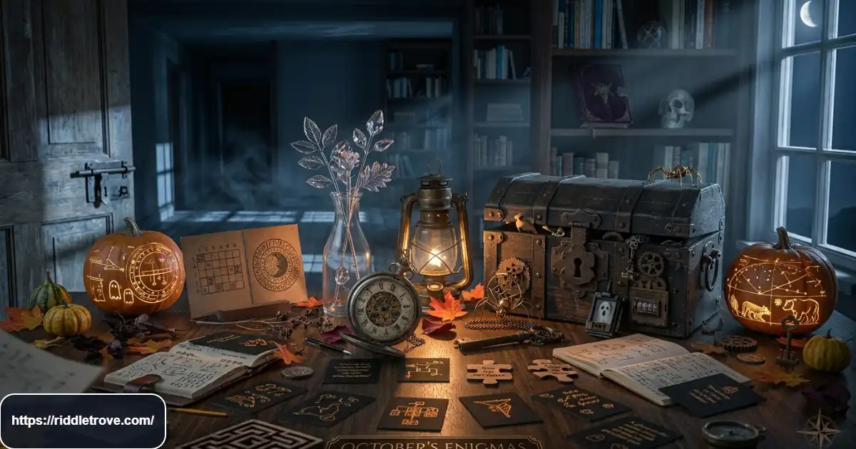 Halloween dark riddles displayed beside pumpkins and spooky puzzle cards