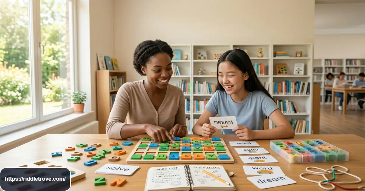Easy word riddles with answers using colorful letters and simple puzzle cards