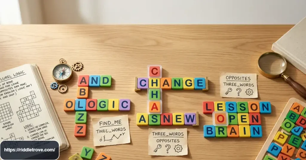 Alphabet letters arranged into clever word riddles and language puzzles