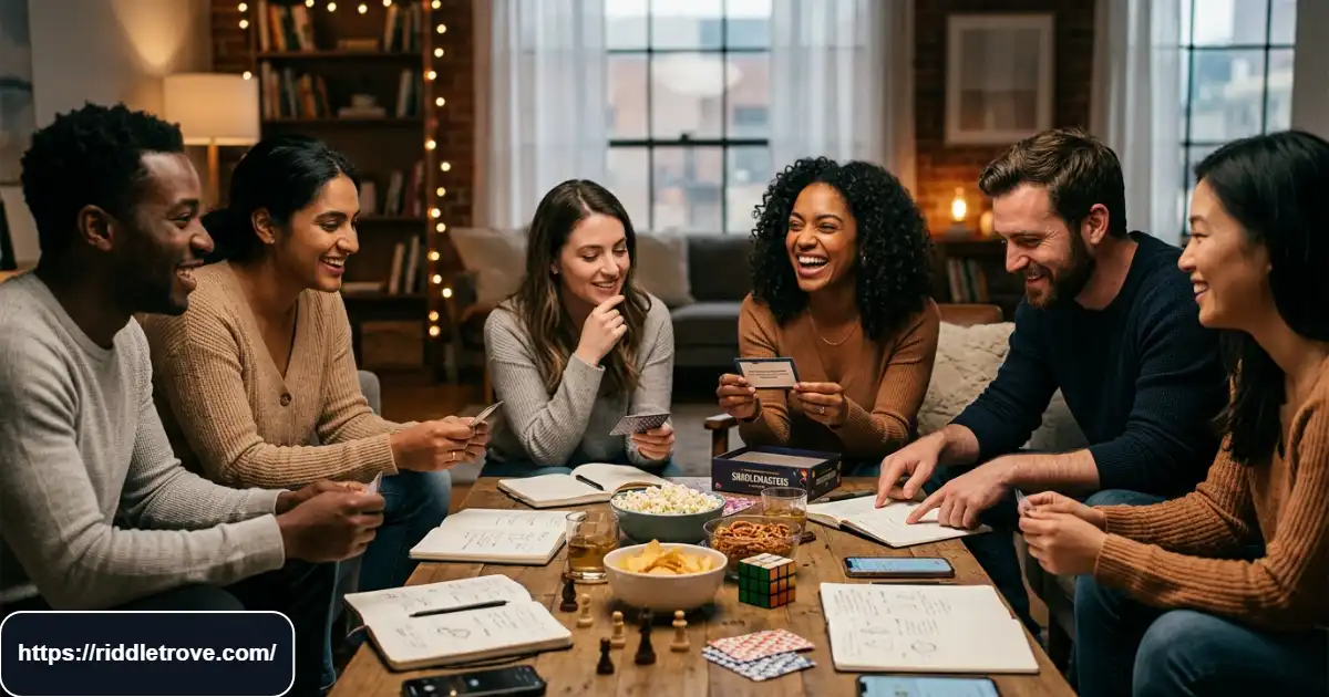 Adults laughing while solving funny riddles together at a lively game night