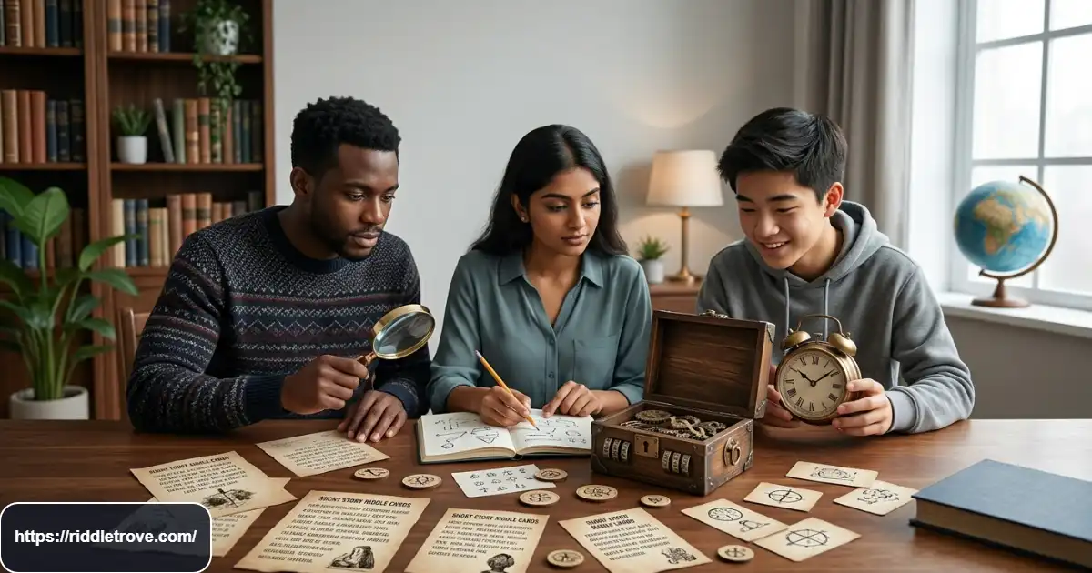 People solving clever story riddles around a table with puzzle clues