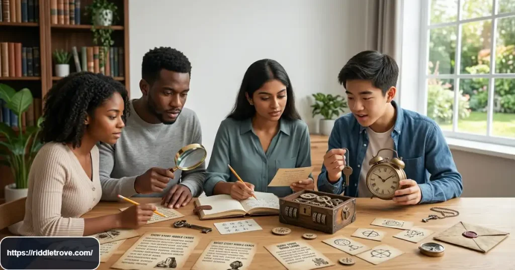 Friends solving story riddles together with clue cards and notebooks
