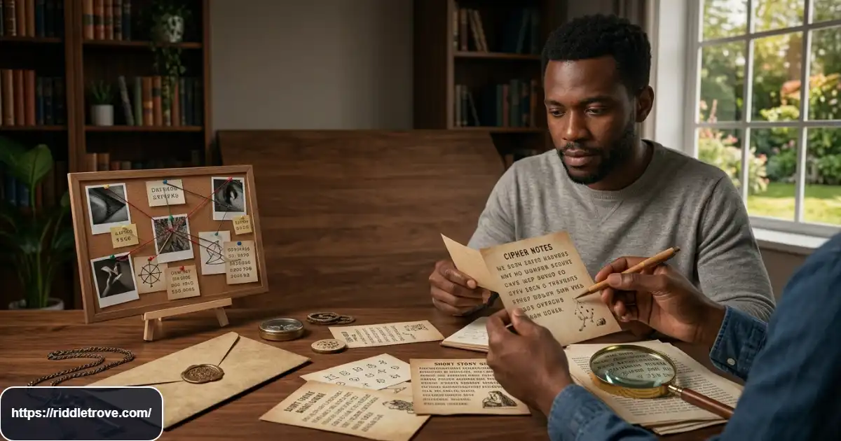 Adult puzzler investigating a difficult story riddle with written clues