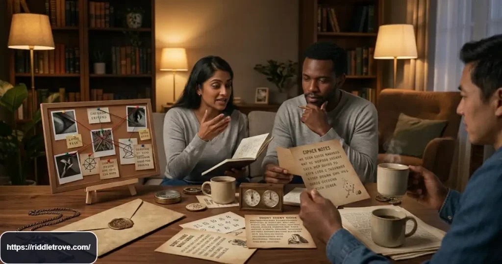 Adults discussing challenging story riddles during a relaxed puzzle night