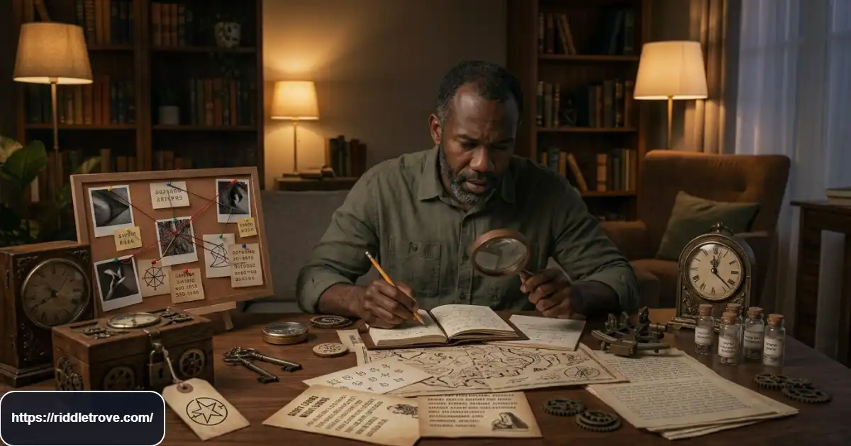 Experienced puzzle solver tackling a very difficult story riddle challenge