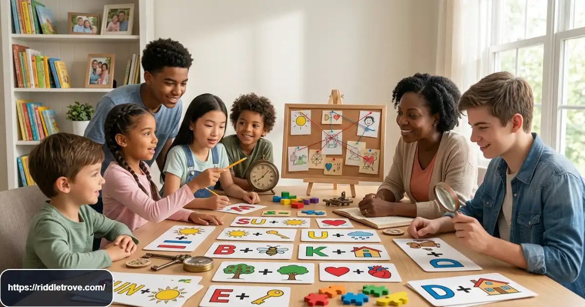 Family solving easy Say What You See rebus puzzles together