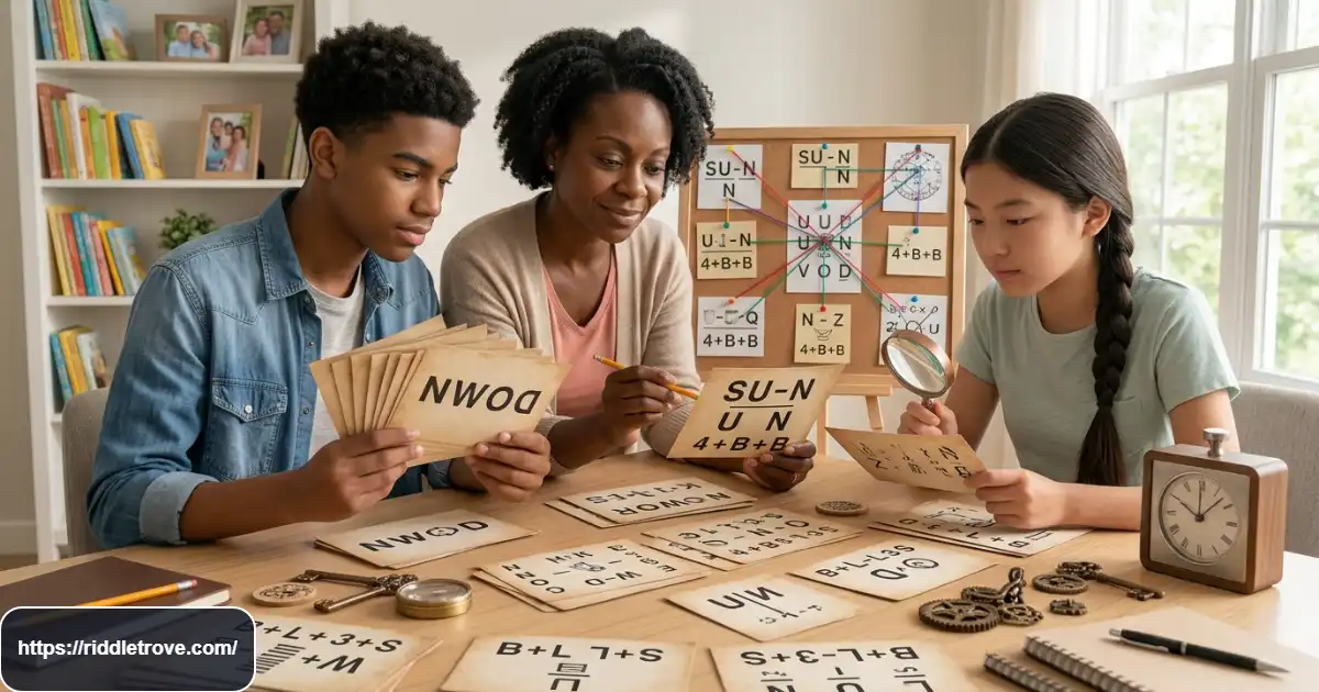 Puzzle fans studying tricky letter and word rebus cards