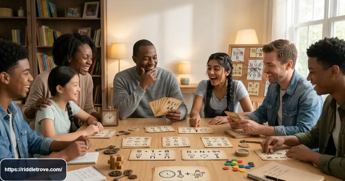 Friends laughing while solving funny visual rebus riddles