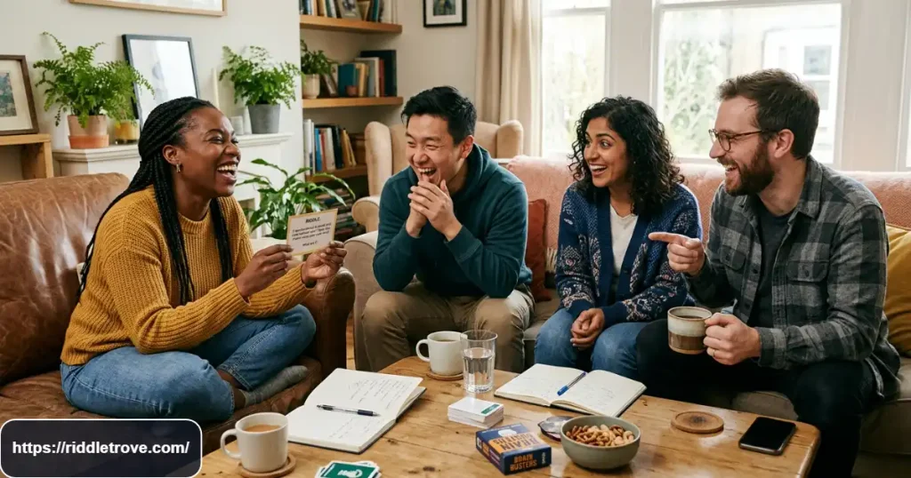 Friends laughing and solving clever riddles together during an adult game night