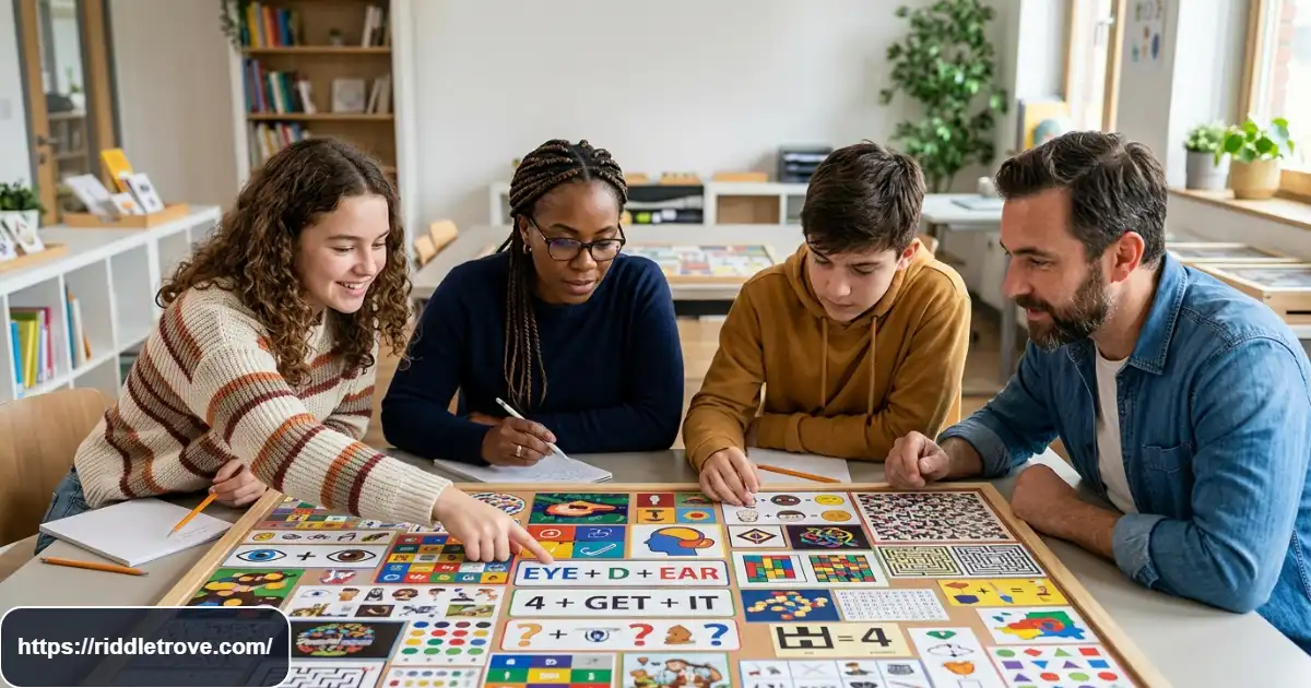 People solving colorful visual riddles and picture puzzles together