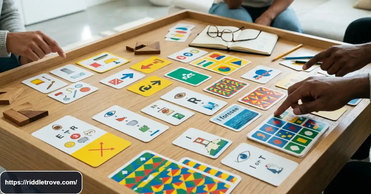 Colorful visual puzzle cards showing symbols patterns and picture clues