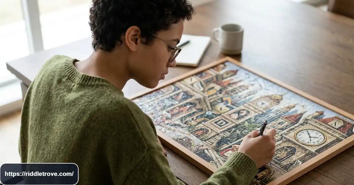 Person examining a tricky picture puzzle with hidden visual clues