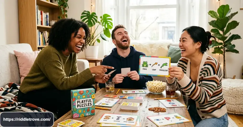 Friends laughing while solving funny picture riddles together
