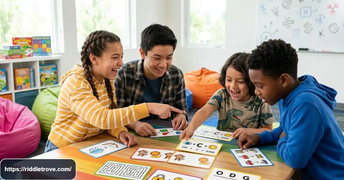 Kids and teens solving colorful visual riddles and picture puzzles together